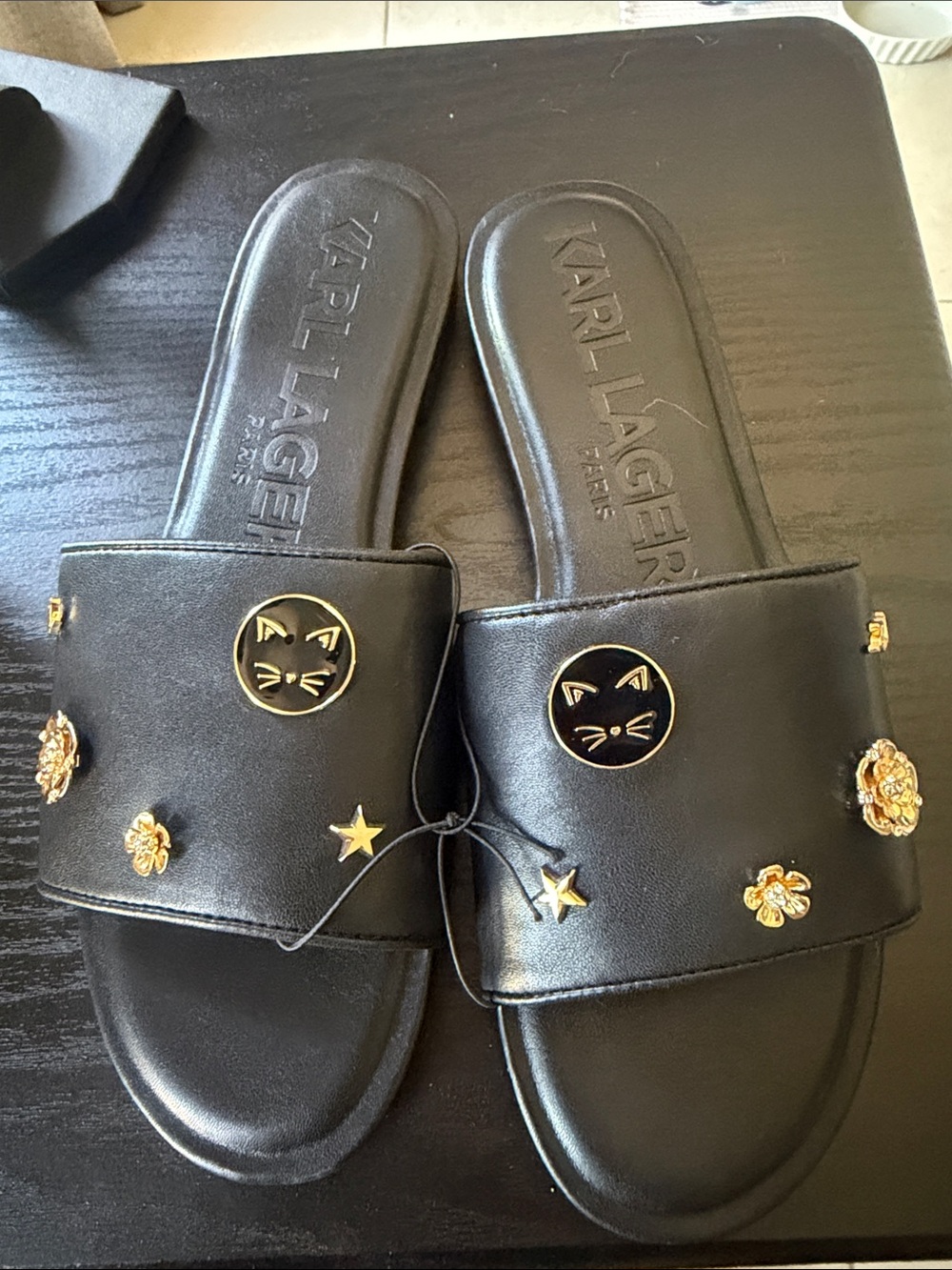 Karl Lagerfeld Black Slide Sandals with Gold Cat & Star Charms